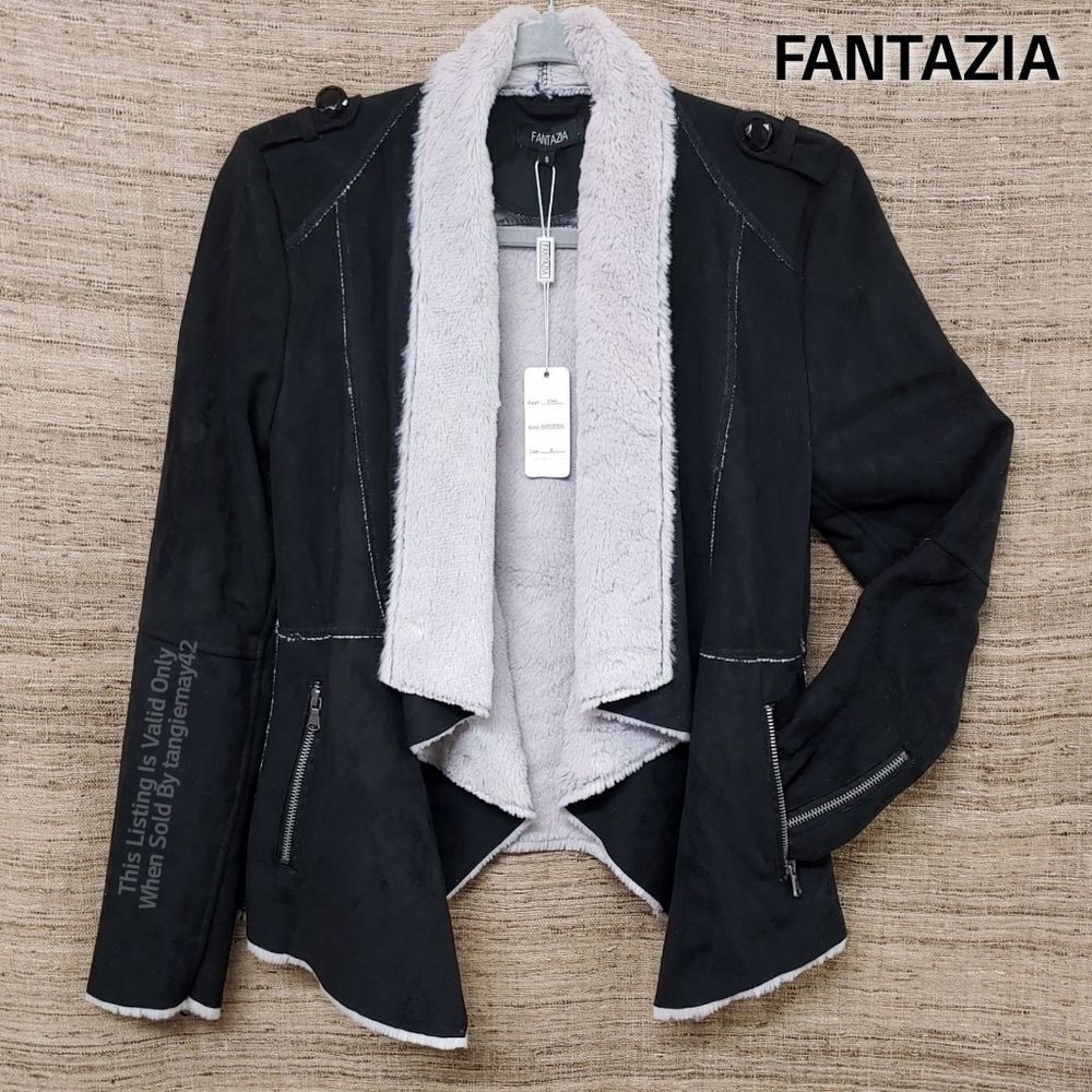 Fantazia Black And Oatmeal Faux Suede Open Sherling Jacket Womens Small 2740 NWT